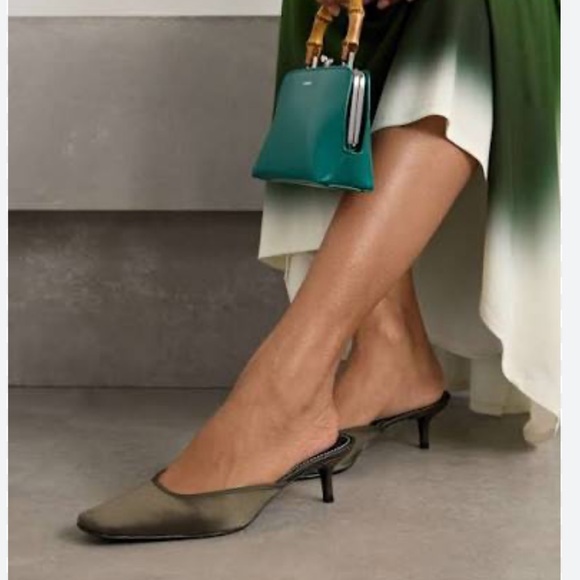 Staud Otto Satin Mule Kitten Heel in Army Green 37.5 - Picture 3 of 6